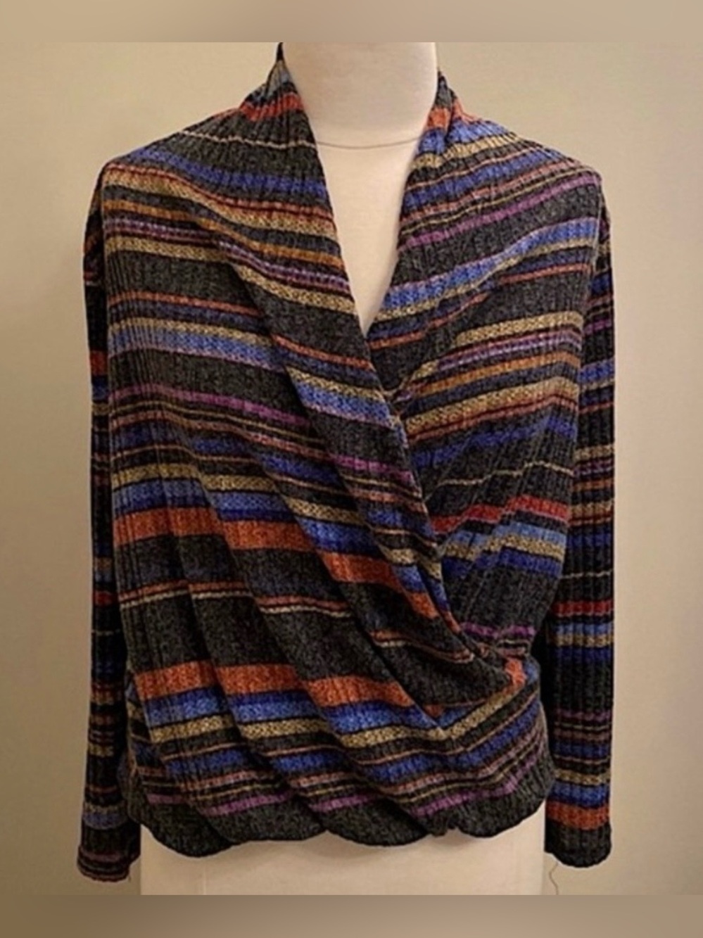Ariella Gray Blue Orange Grey Striped SZ S Boho Casual Chic Autumn Slouchy Top